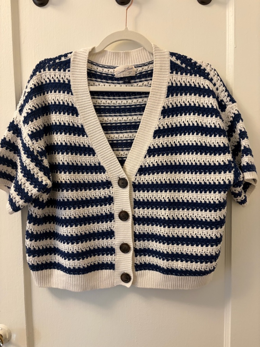 Universal Thread Navy & White Striped Crochet Short-Sleeve Cardigan